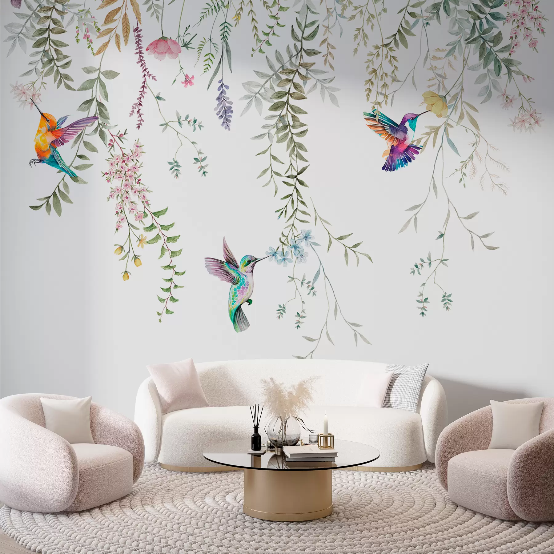 murales de pared Flores y hojas colgantes y hermosos colibríes. w00660
