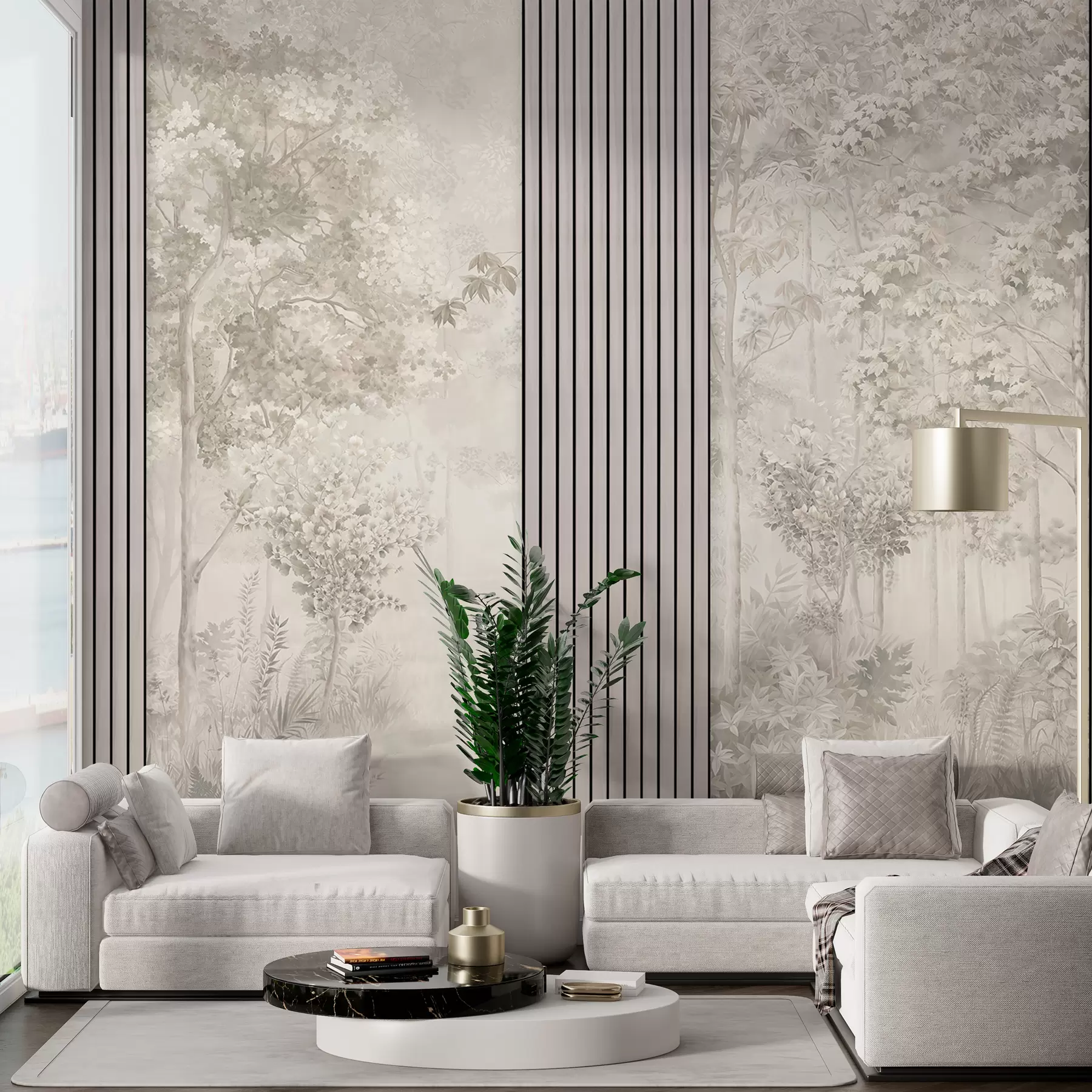 murales de pared Paneles de madera y delicado bosque en colores pastel w00670