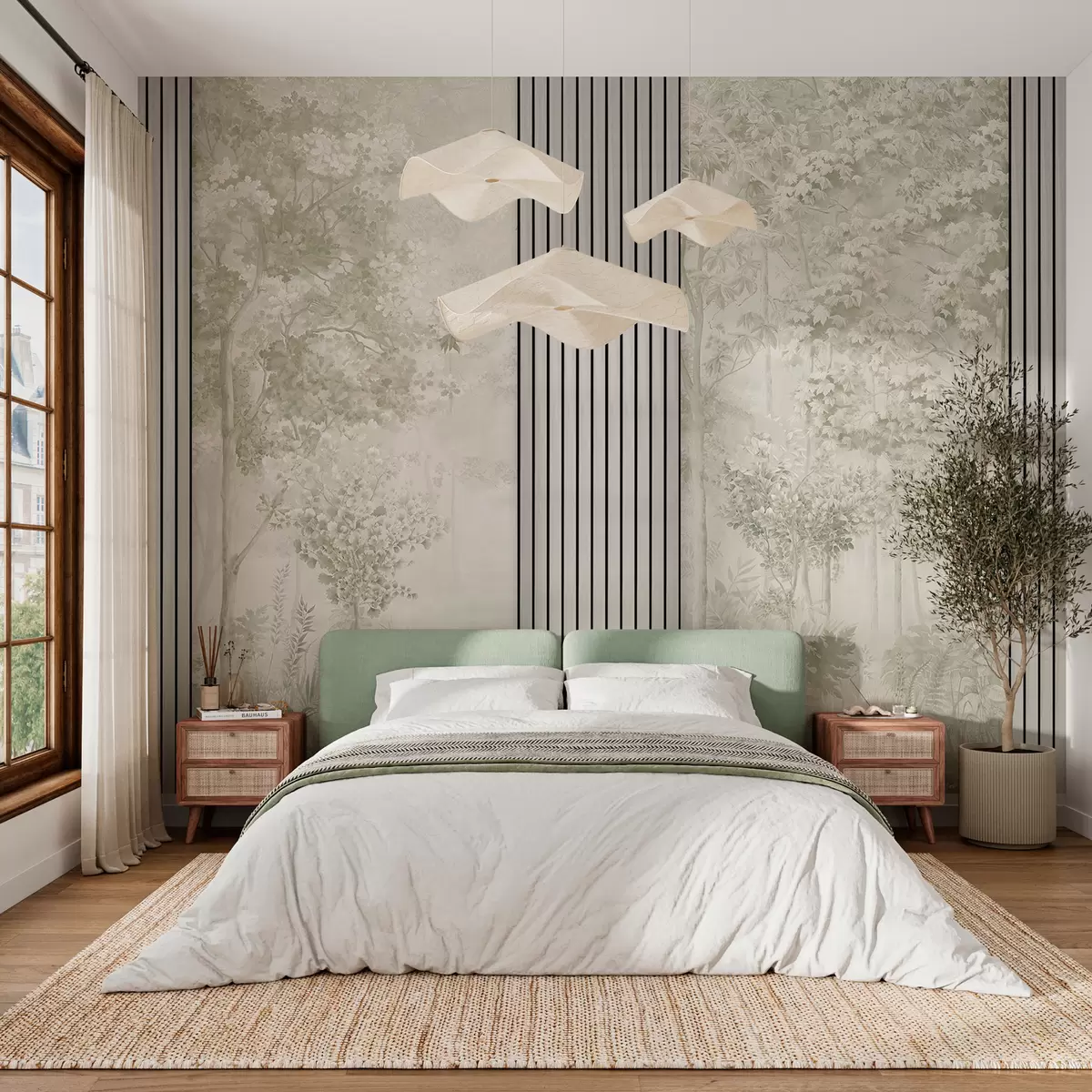 murales de pared Paneles de madera y delicado bosque en tonos verdes. w00670v2