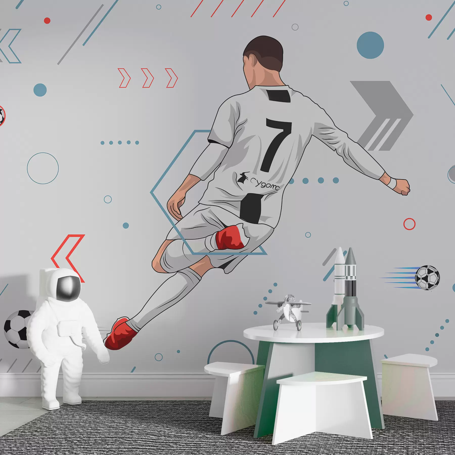 murales de pared Fondo de pantalla con futbolista y atributos futbolísticos. w00688