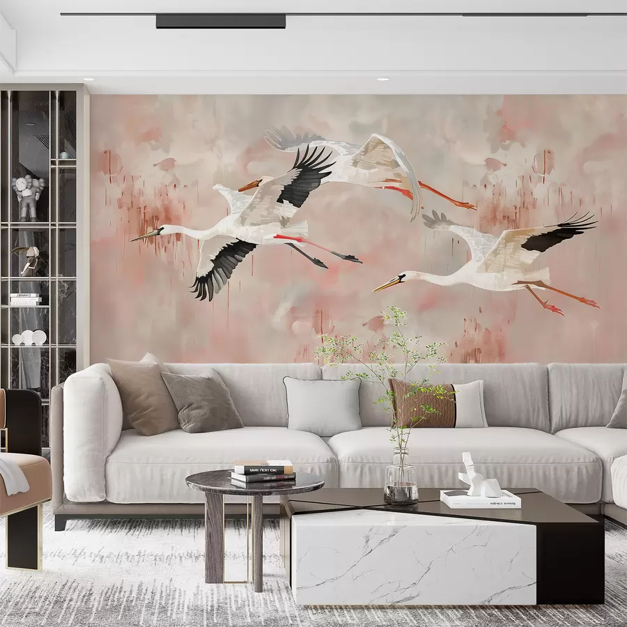 murales de pared Cigüeñas sobre un fondo rosa claro w00760