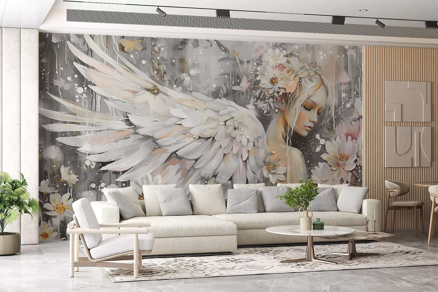 murales de pared Niña ángel sobre un fondo gris pintado al óleo w00761