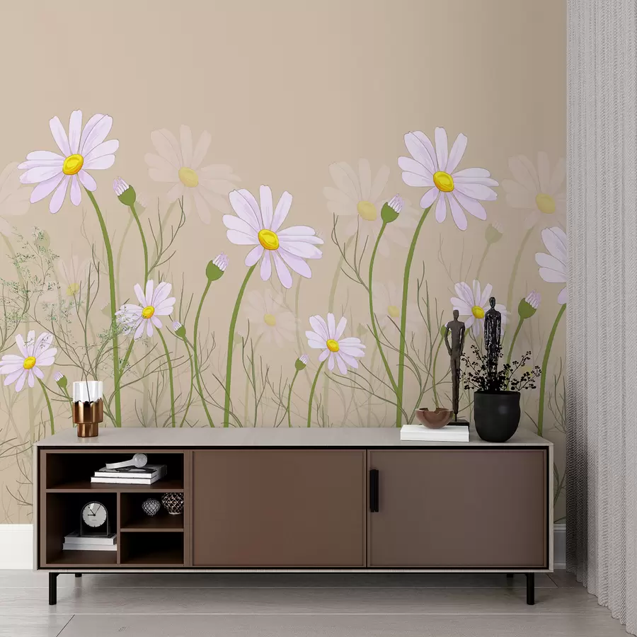 murales de pared grandes margaritas sobre fondo beige w00802