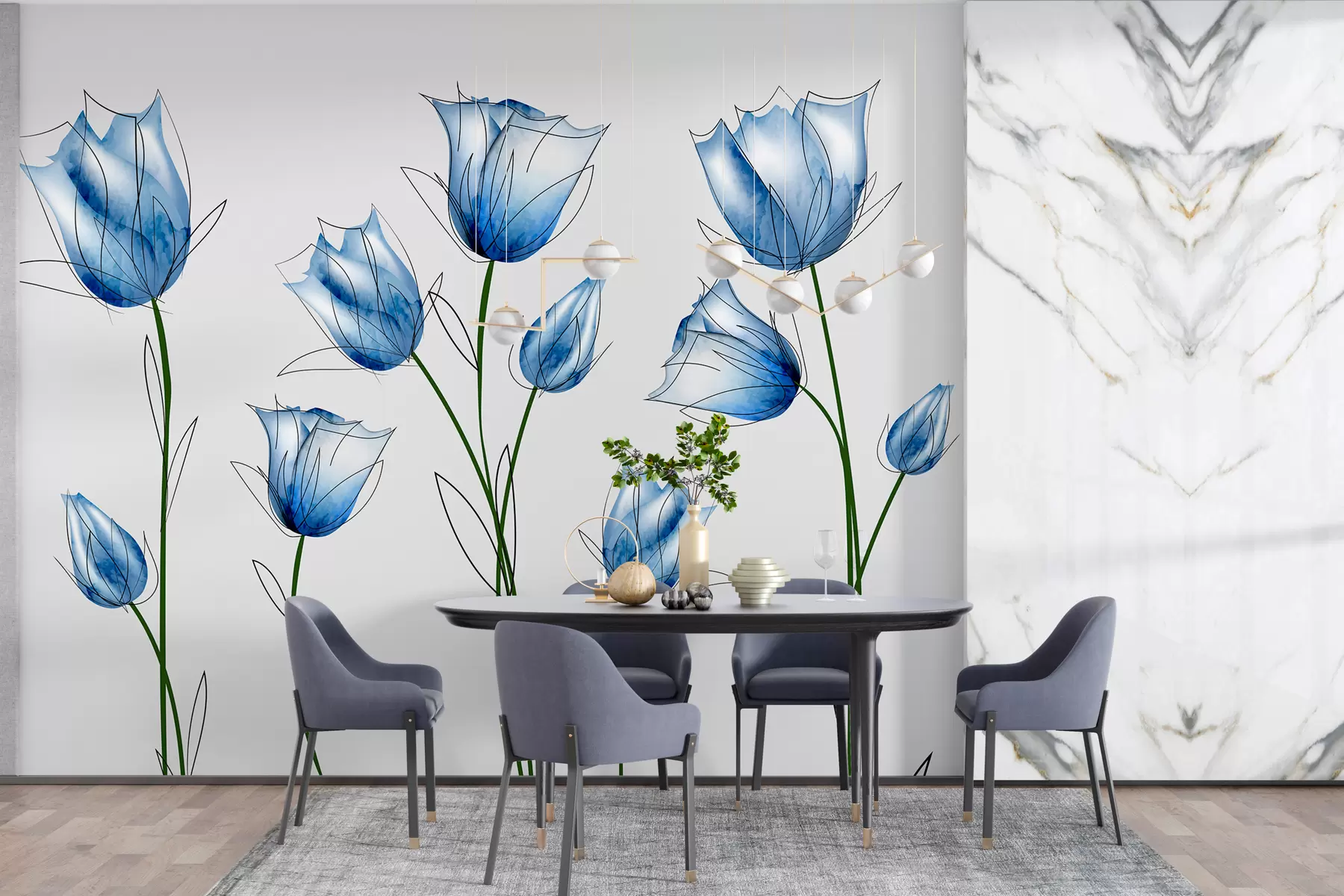 murales de pared Flores de acuarela azul w00745