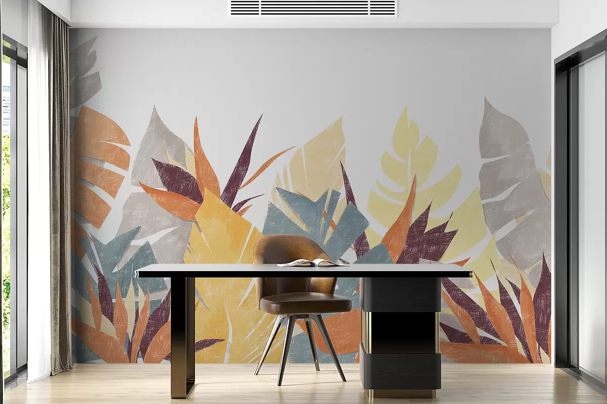 murales de pared Hojas de palma, trópicos, silueta de planta imitación lápiz, flor, azul, amarillo, naranja, gris, morado, color w00790v1