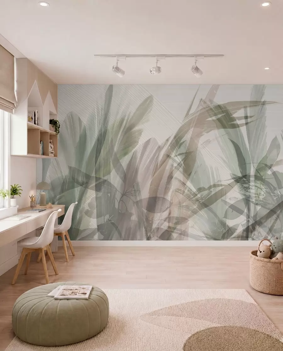 murales de pared Multicomposición abstracta de formas de hojas tropicales parecidas a hierba borrosa en tonos de verde claro y gris w00798