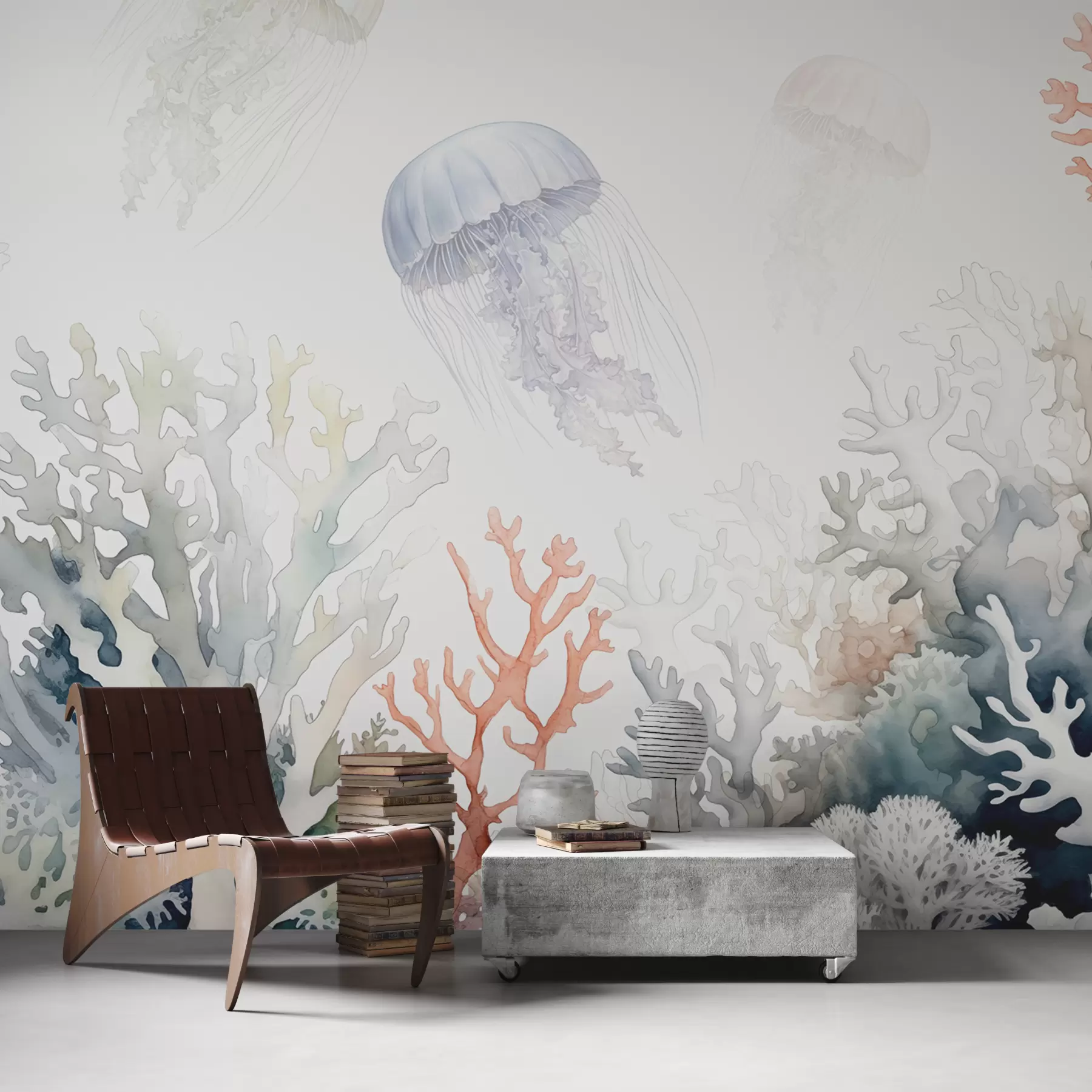 murales de pared Corales marinos, medusas nadan, acuarela, gris, azul, rojo w00819