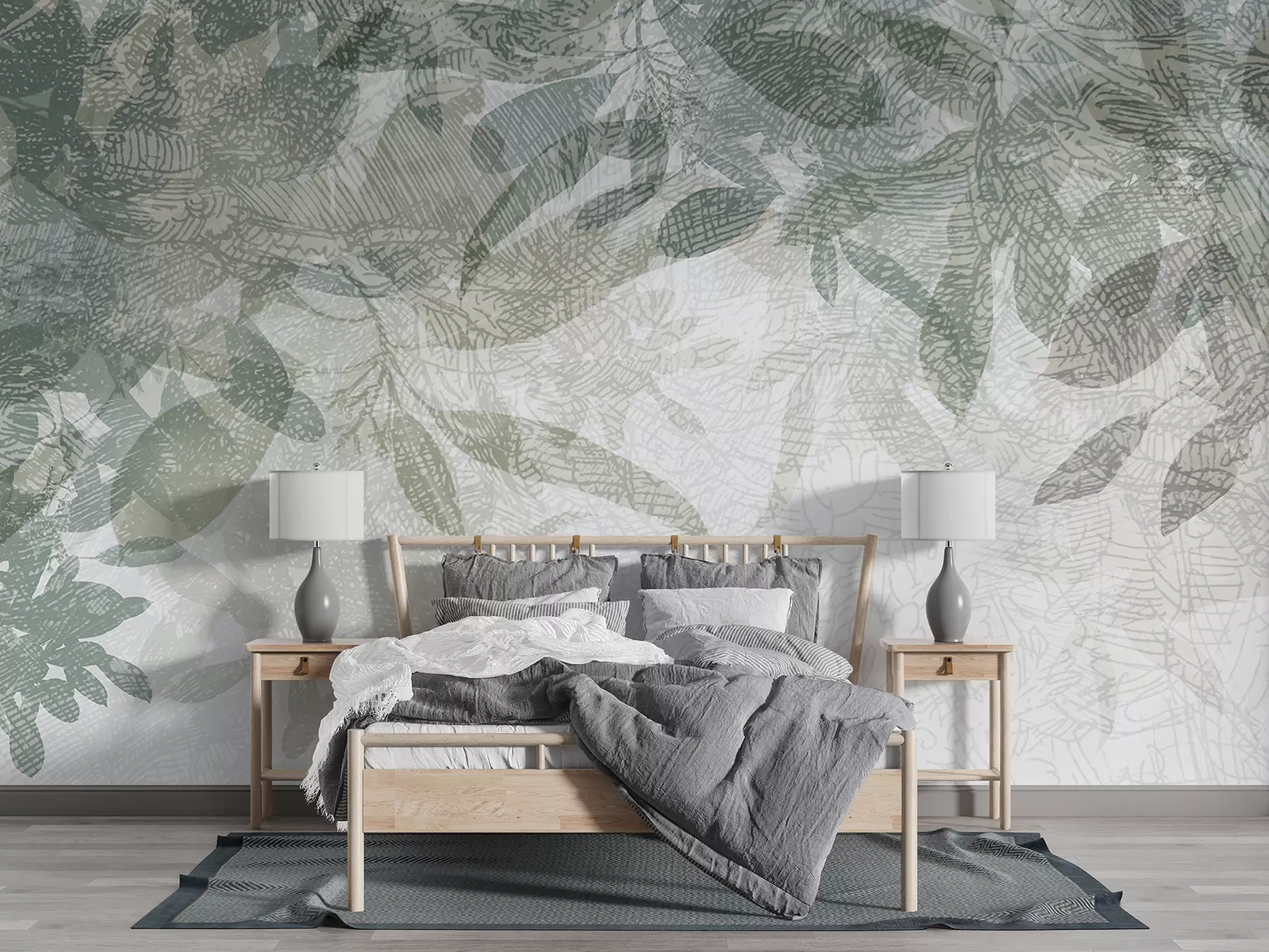 murales de pared Hojas suaves y borrosas en tonos verdes y grises sobre un fondo de dibujo de textura clara w00854