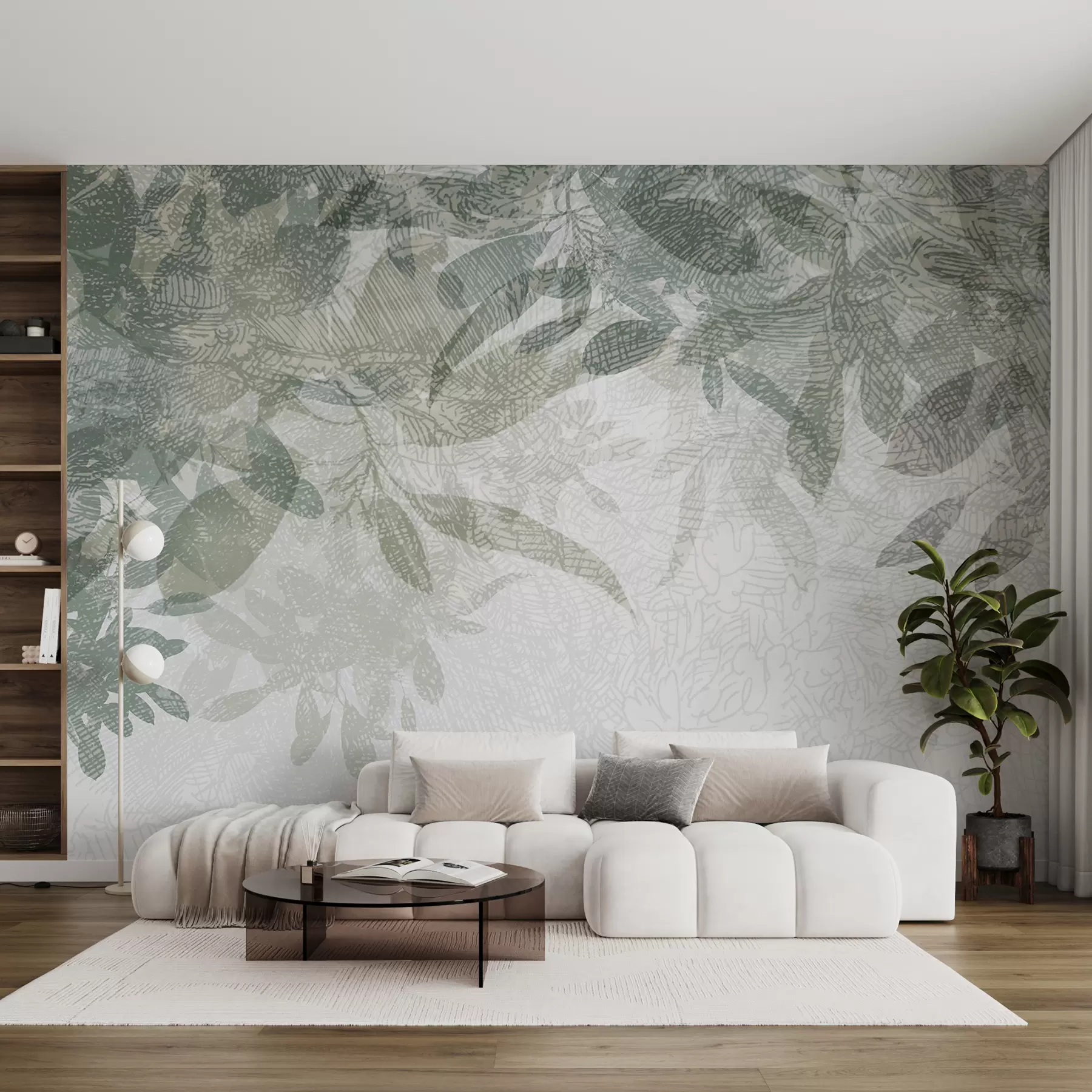 murales de pared Hojas suaves y borrosas en tonos verdes y grises sobre un fondo de dibujo de textura clara w00854