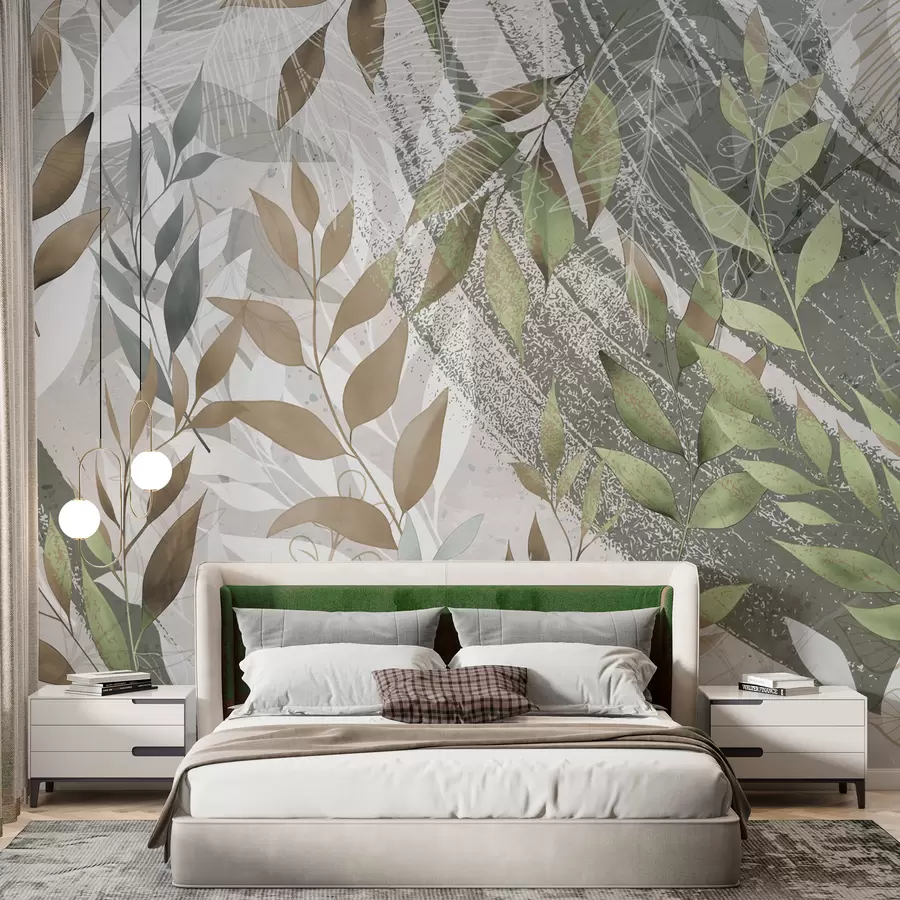 murales de pared Hojas verdes en estilo grunge w00812