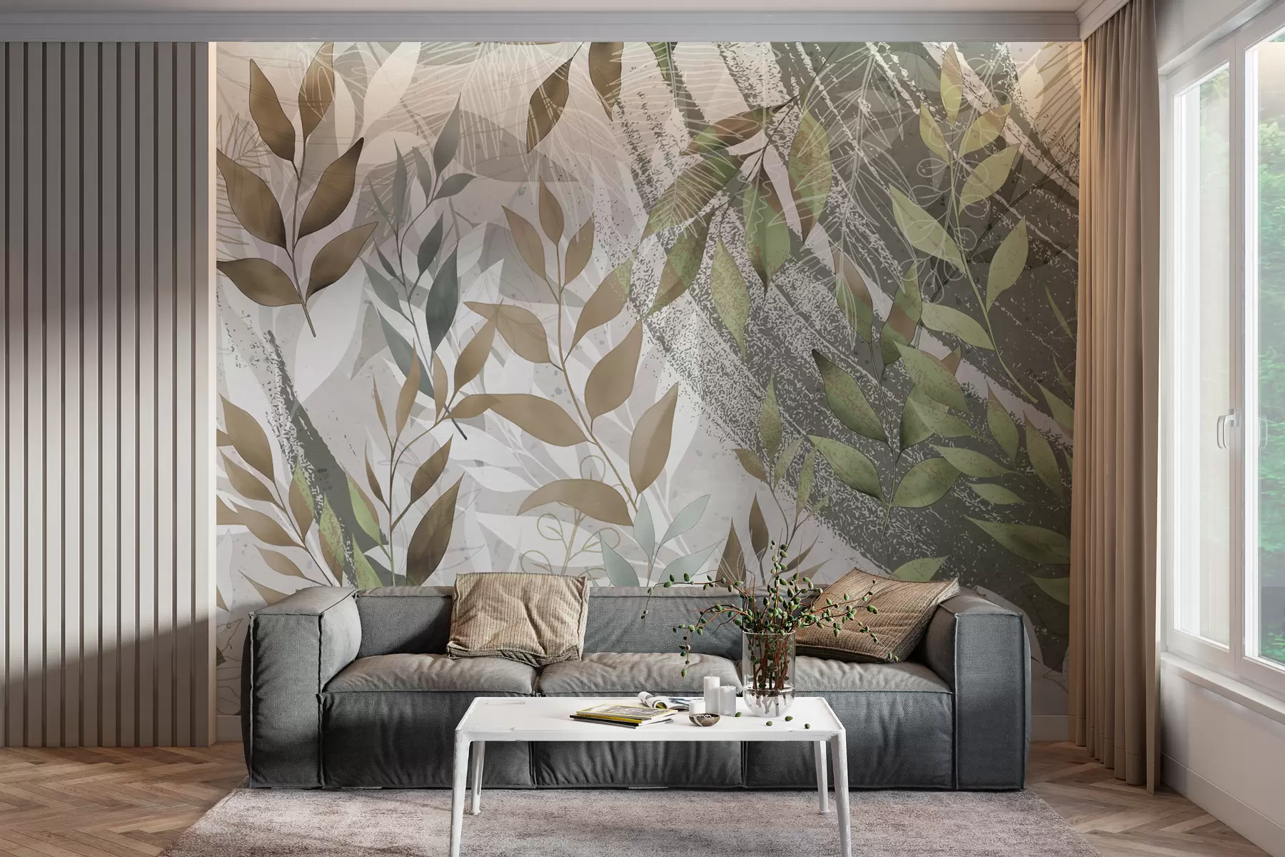 murales de pared Hojas verdes en estilo grunge w00812