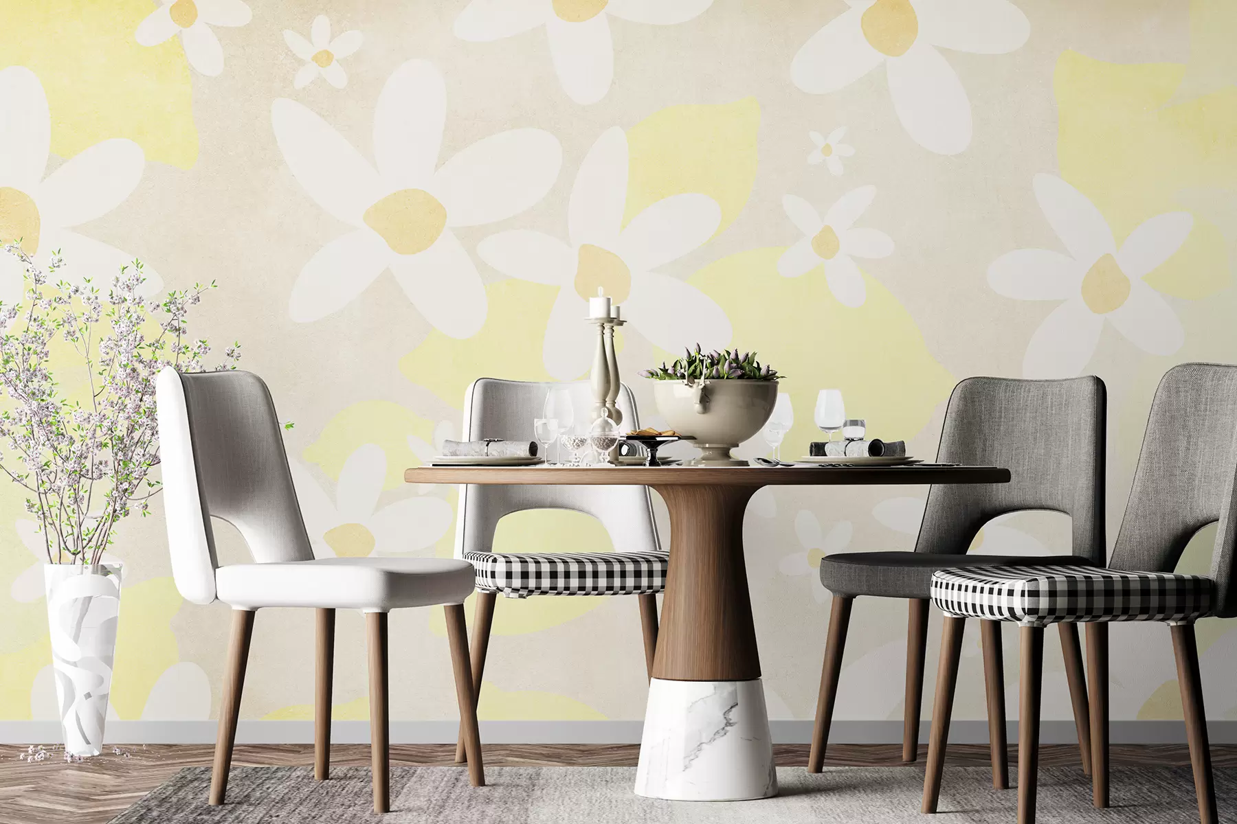 murales de pared Limones y flores blancas vegetales, textura, color beige y amarillo. w00888