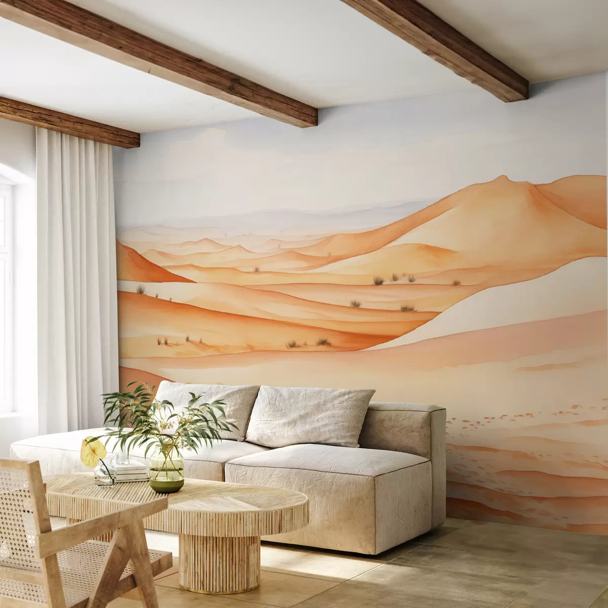 murales de pared Dunas en el desierto, paisaje acuático de arena, color azul y naranja w00892