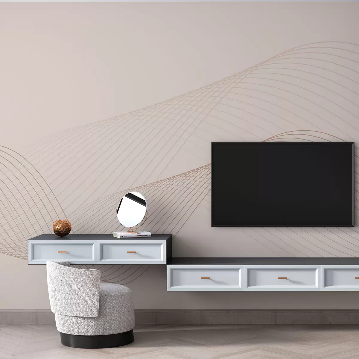 murales de pared Líneas geométricas 3D estilo de tendencia moderna sobre un fondo beige w00893v1