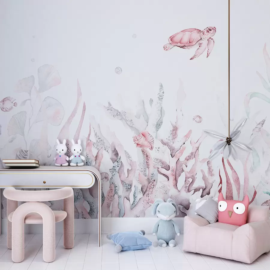 murales de pared Corales marinos acuarela, conchas marinas, tortugas, vida marina, colores rosas suaves w00849v2