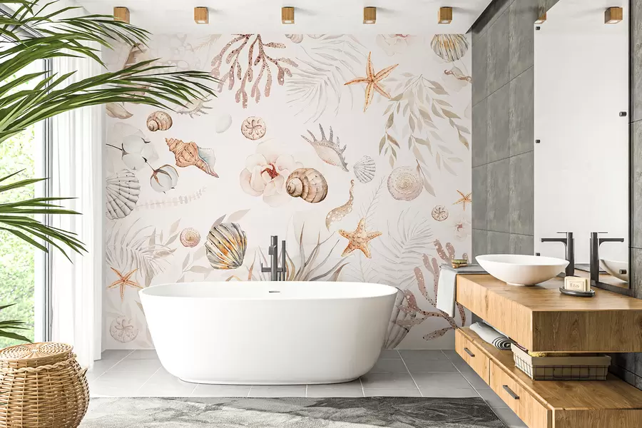 murales de pared Patrón marino acuarela, estilo boho, conchas marinas, corales, algodón, colores beige w00851