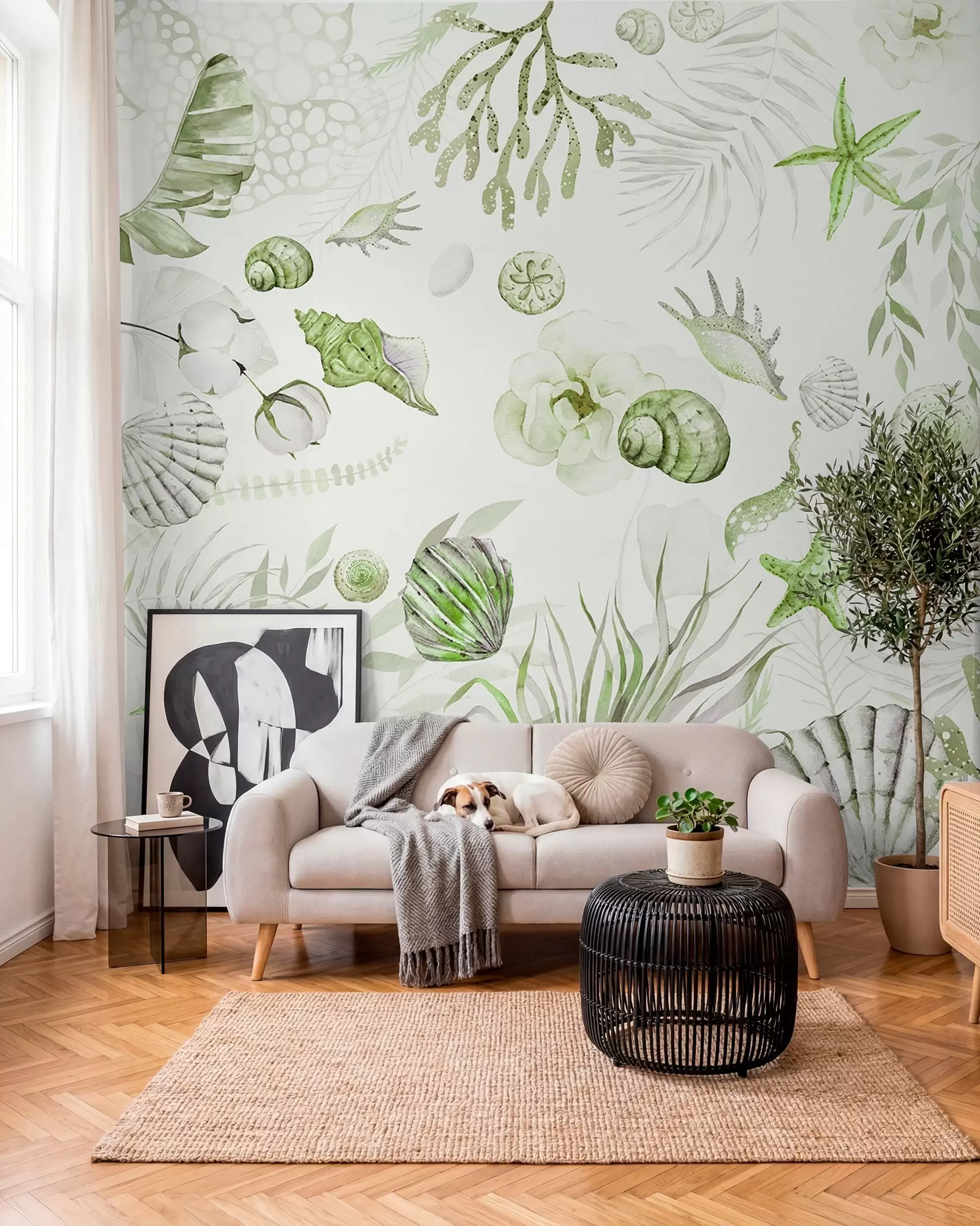 murales de pared Patrón marino acuarela, estilo boho, conchas marinas, corales, algodón, colores verdes w00851v2