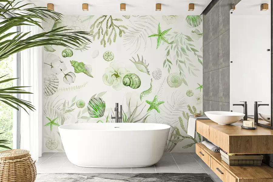 murales de pared Patrón marino acuarela, estilo boho, conchas marinas, corales, algodón, colores verdes w00851v2