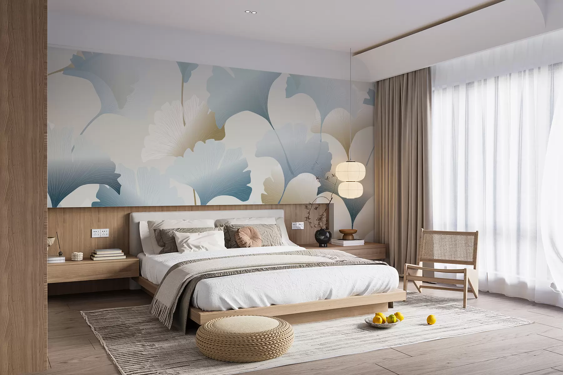 murales de pared Hojas de congo azules y beige. w00877