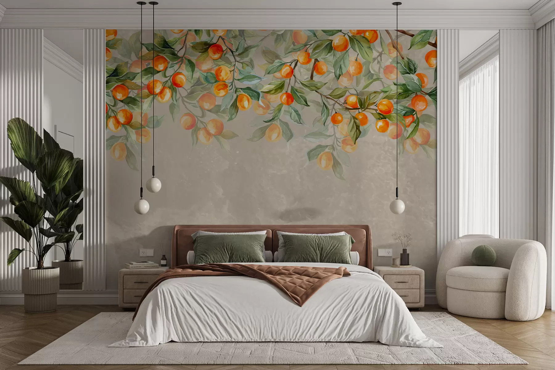 murales de pared ramas con mandarinas sobre fondo beige w00924