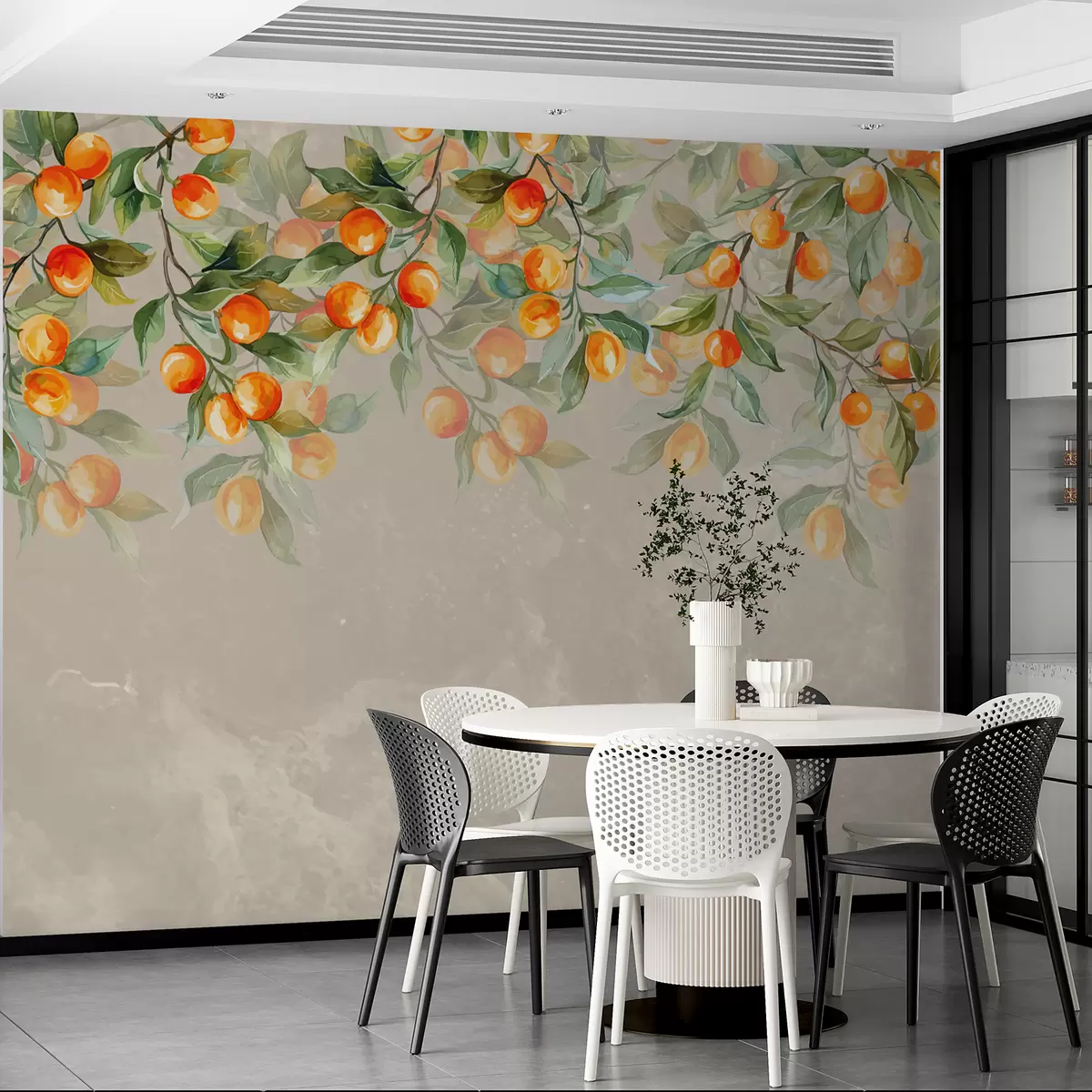 murales de pared ramas con mandarinas sobre fondo beige w00924