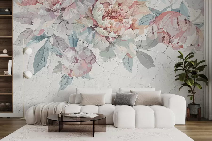 murales de pared Un ramo de flores de peonía grandes, suaves, de color rosa pastel y blanco, con hojas verdes sobre un fondo claro w00896