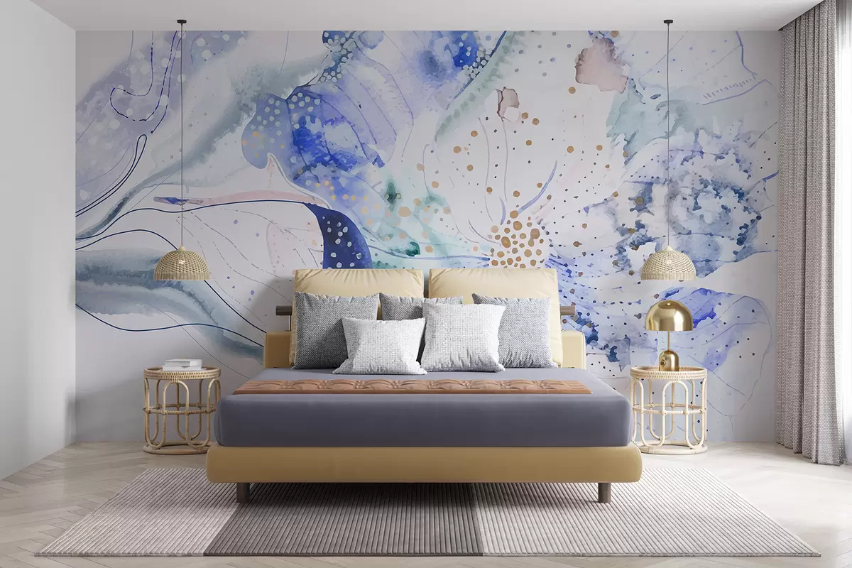 murales de pared Flor de pintura de acuarela de textura abstracta en tonos de azul, morado y blanco w00897