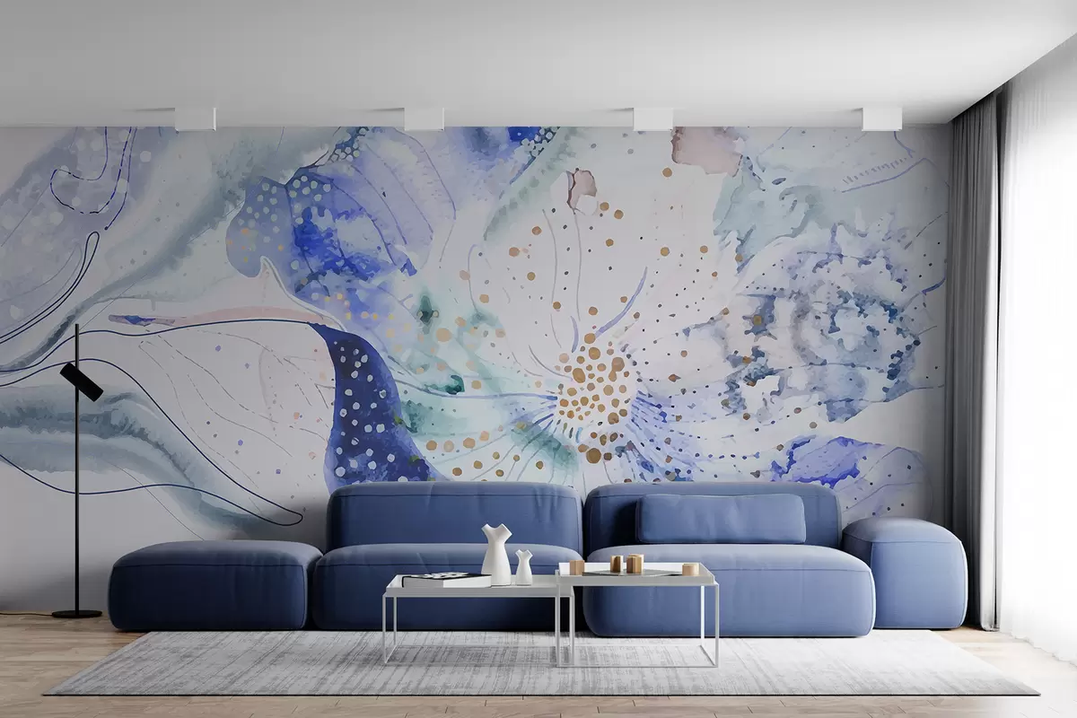 murales de pared Flor de pintura de acuarela de textura abstracta en tonos de azul, morado y blanco w00897