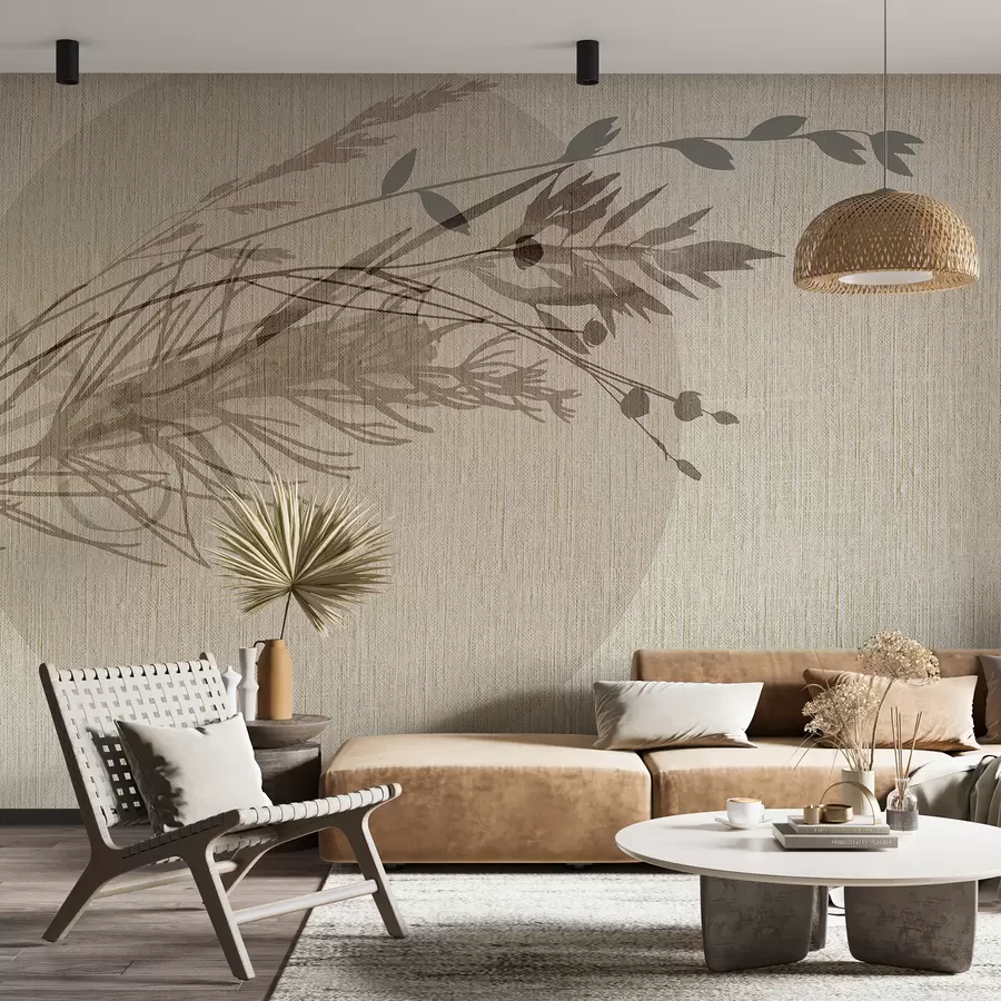 murales de pared Una ilustración minimalista de una forma circular con elementos abstractos parecidos a plantas en tonos tierra apagados. w00902