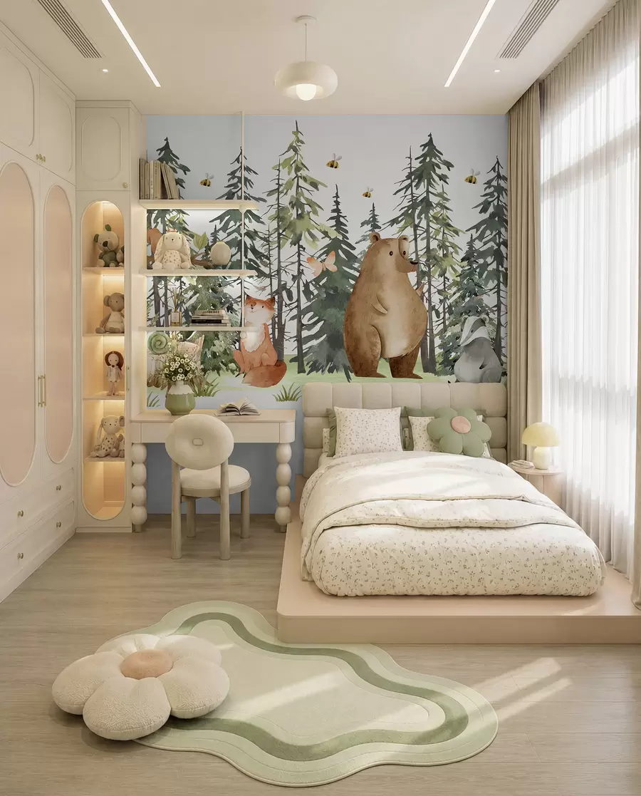 murales de pared Una escena de bosque con animales y varios pinos al fondo w00905