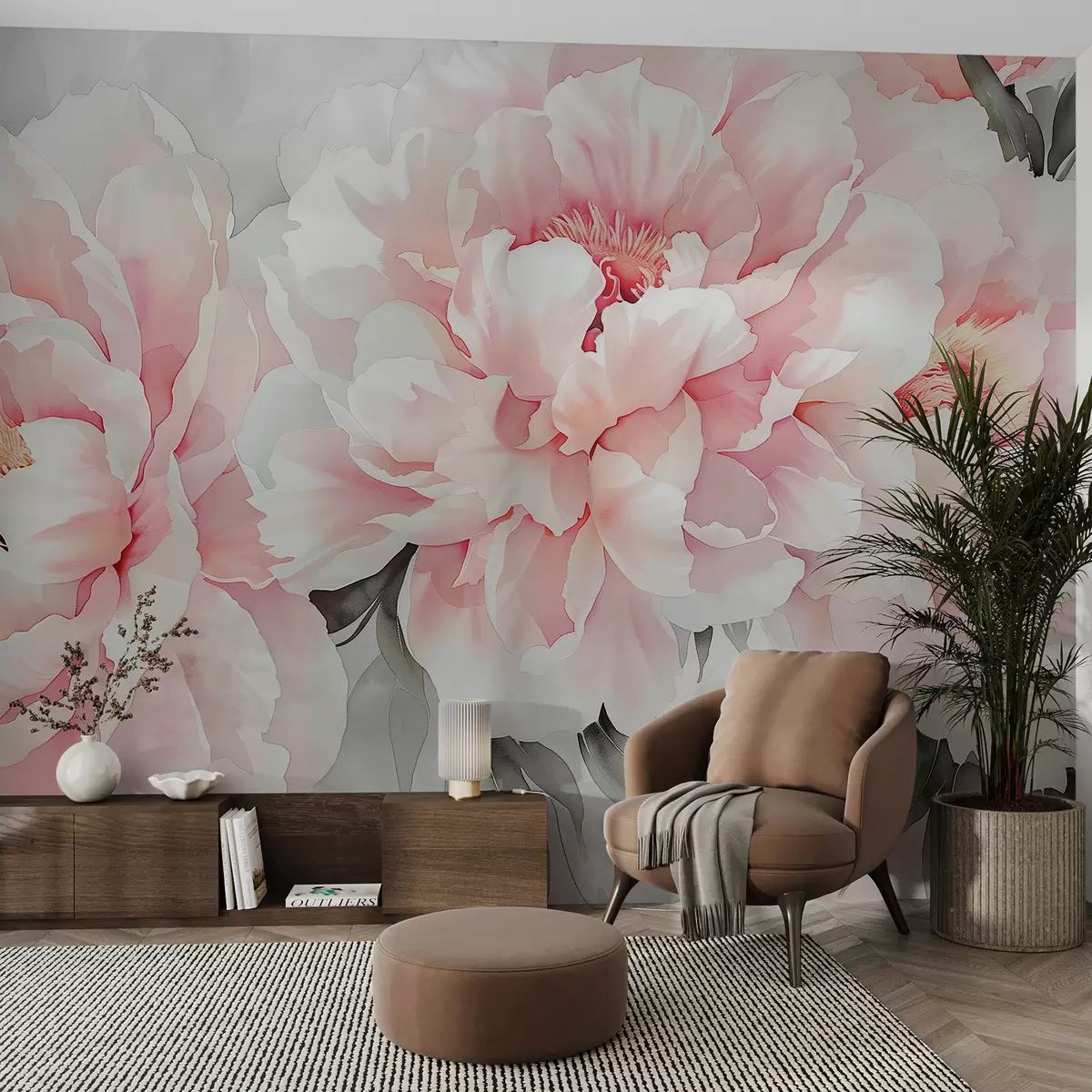 murales de pared Grandes flores rosadas delicadas w00870