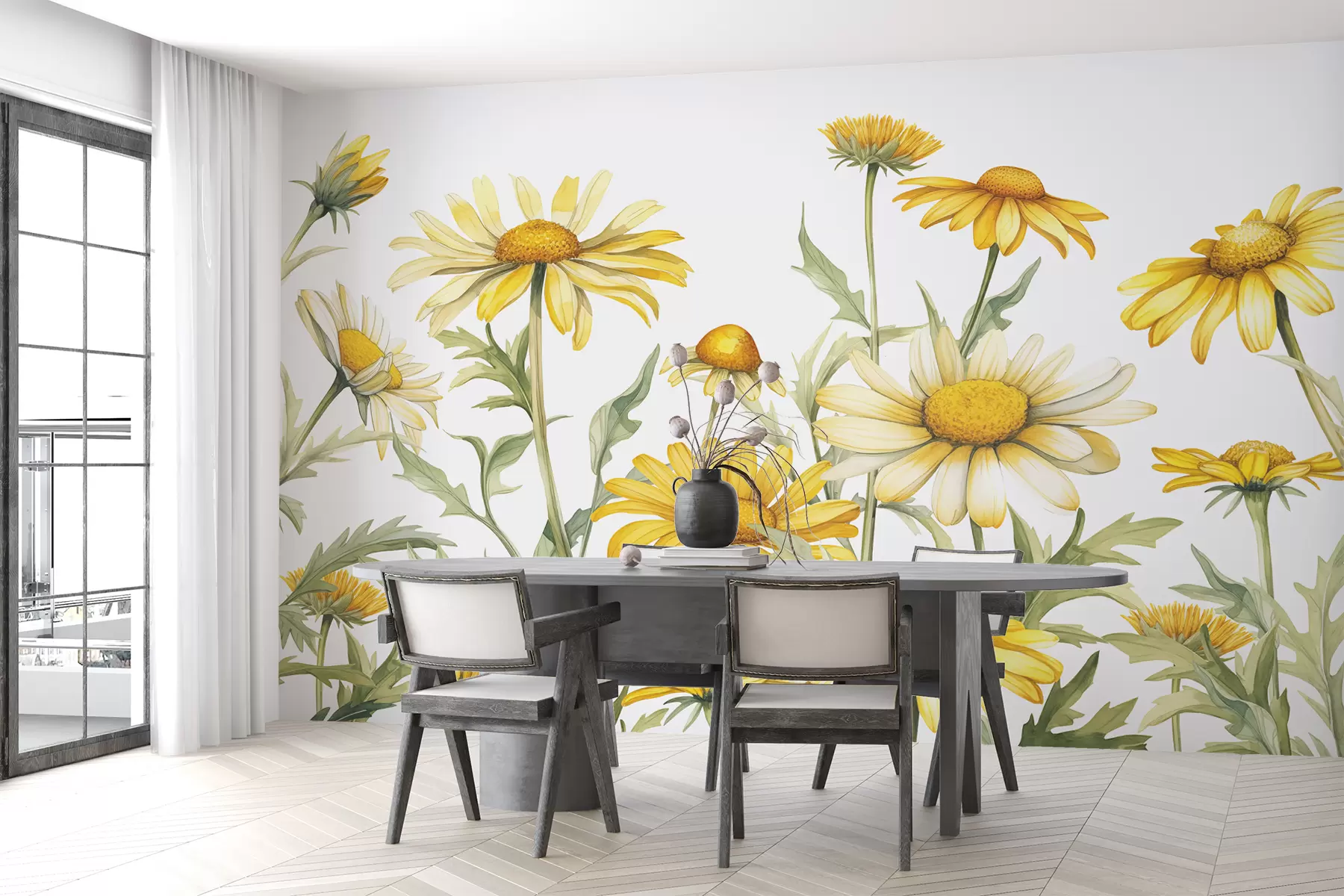 murales de pared Grandes margaritas amarillas florecen color acuarela, amarillo y verde w01177