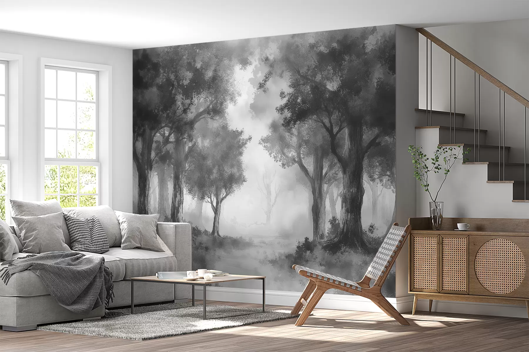 murales de pared Bosque pintado en colores grises. w01181