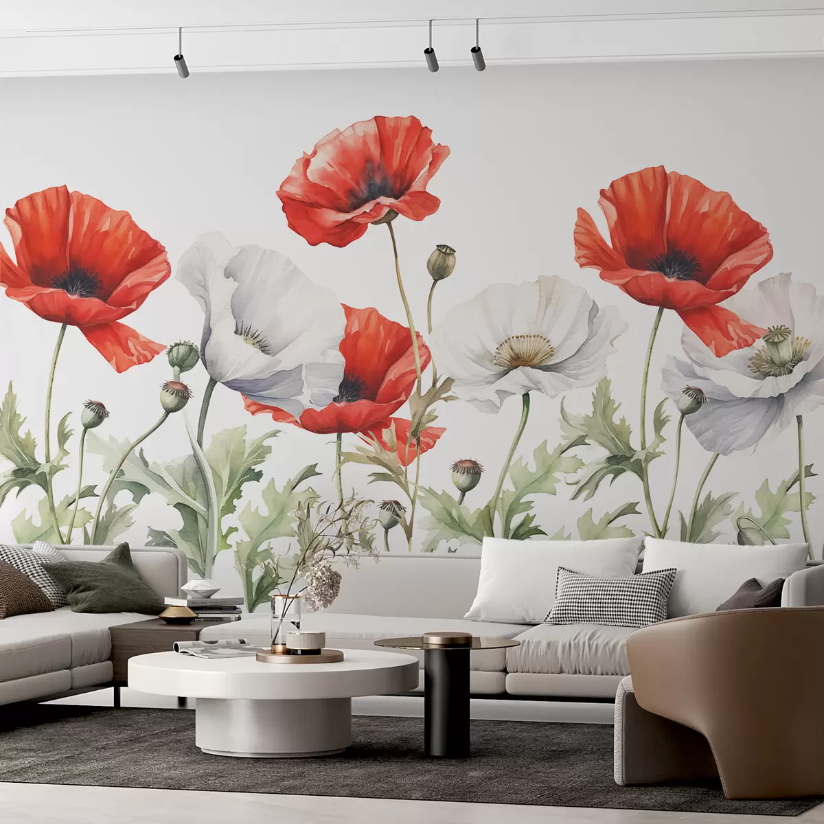 murales de pared Acuarela de amapolas rojas y blancas. w01203