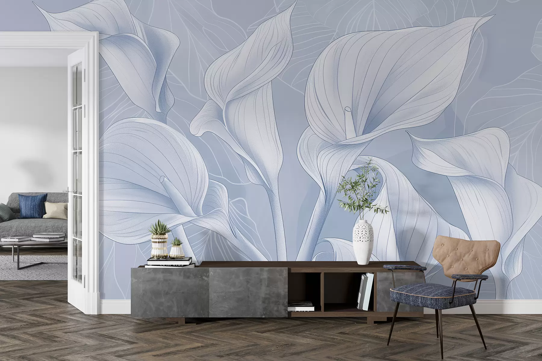 murales de pared flores de cala pintadas sobre un fondo azul w01197v1