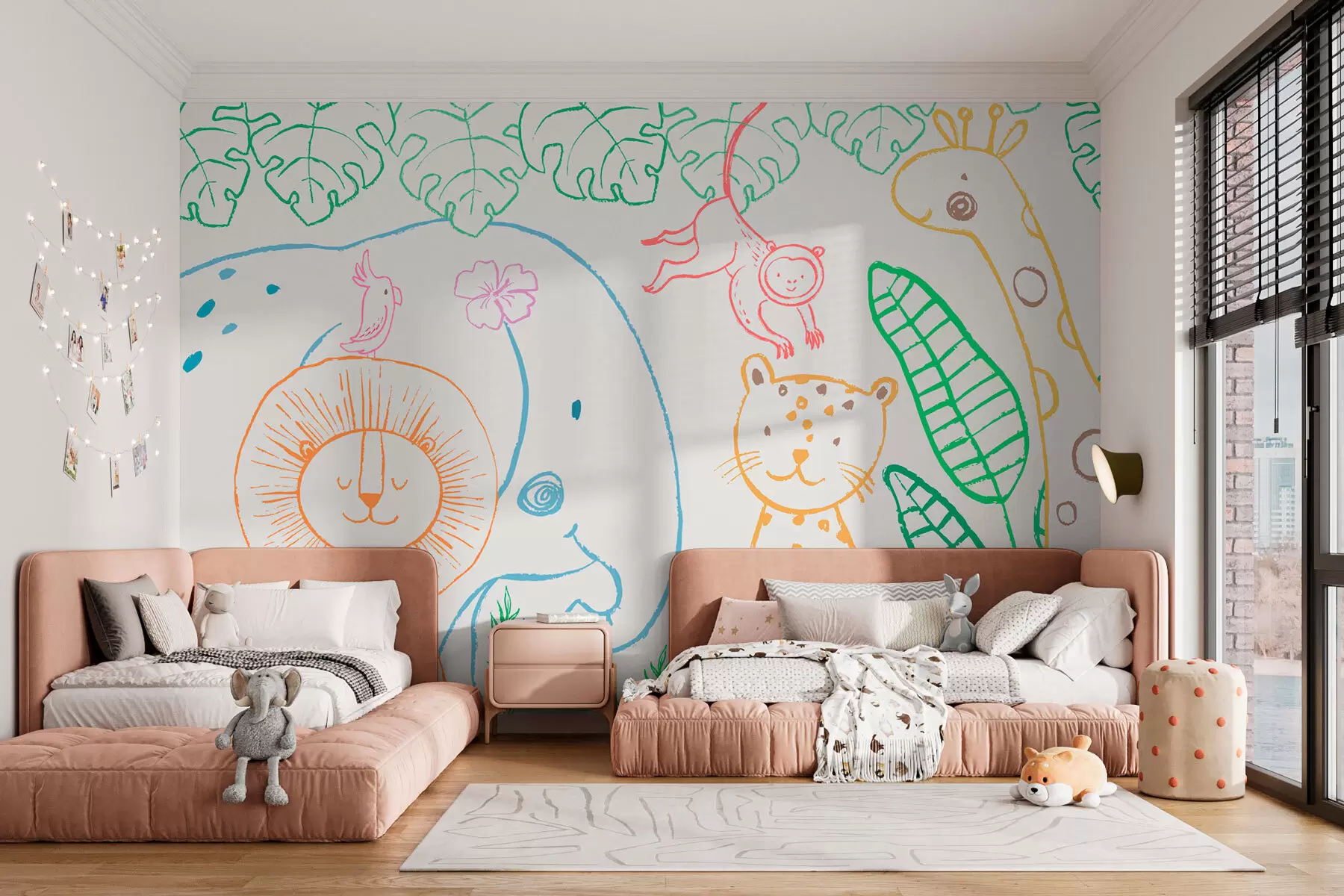 murales de pared Divertidos animales africanos en estilo escandinavo para niños coloridos w01268v1