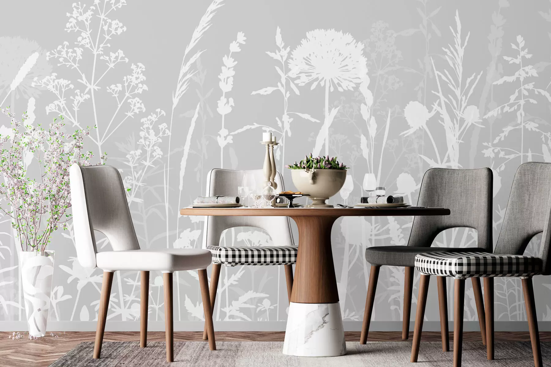 murales de pared Suaves plantas de campo y flores minimalistas de color gris. w01270v1