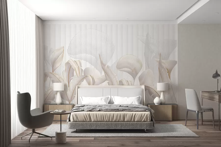 murales de pared Primer plano de hojas tropicales sobre fondo blanco con textura w01237