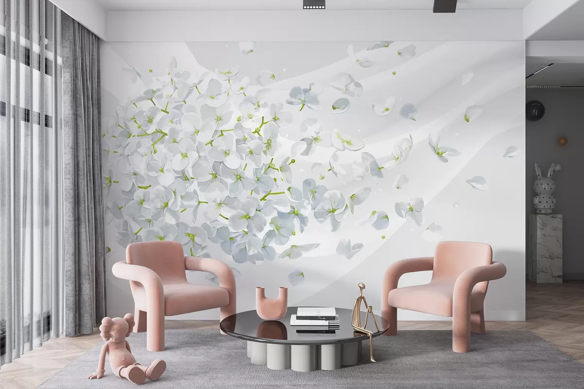 murales de pared Pétalos de flores blancas y verdes dispersos sobre un fondo blanco minimalista ligero w01238