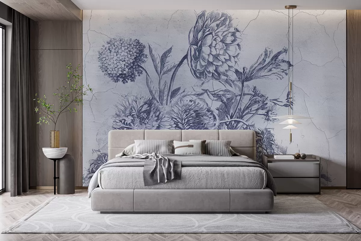murales de pared Ilustración floral sepia que representa una gran peonía rodeada de otras flores y follaje w01244