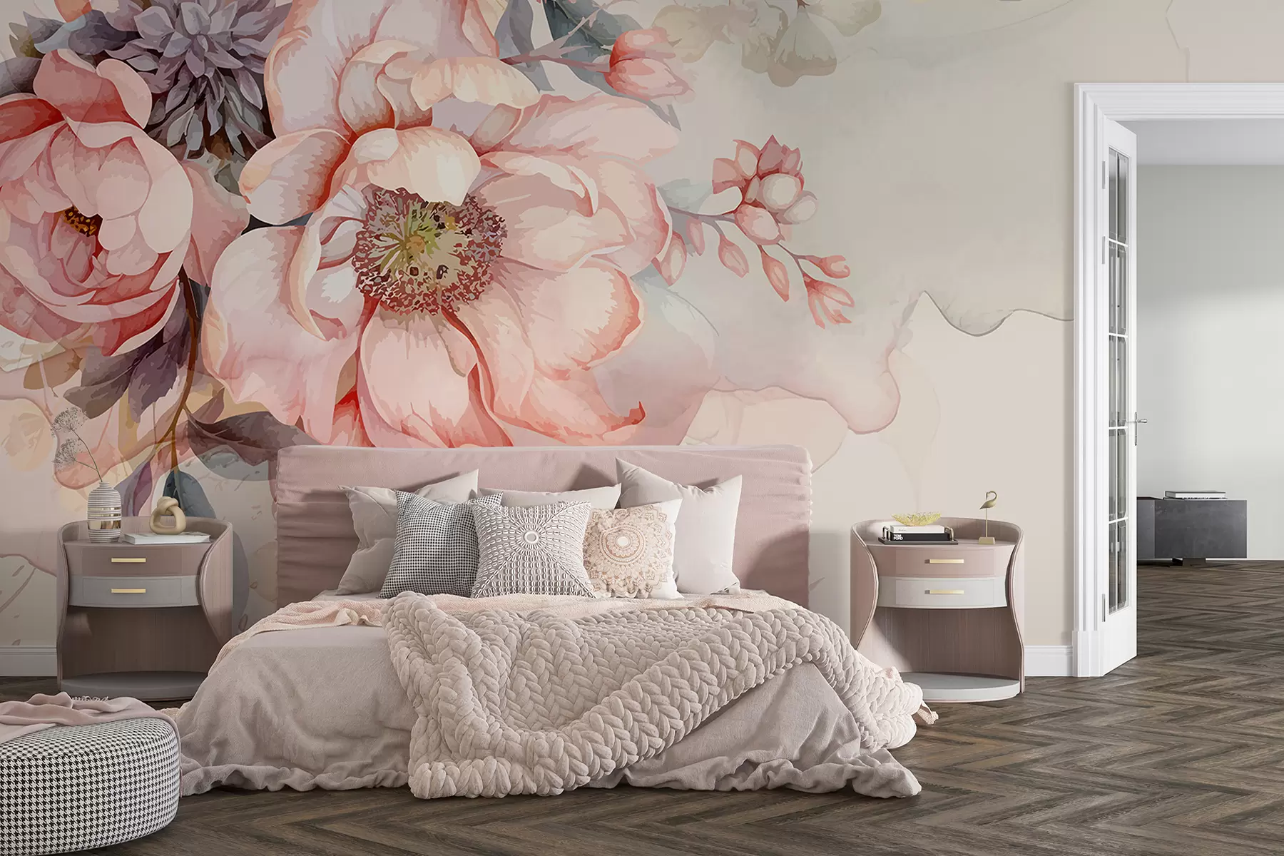 murales de pared Peonías rosas acuarelas con delicados pétalos, rodeadas de exuberante vegetación pastel y otras flores  w01245