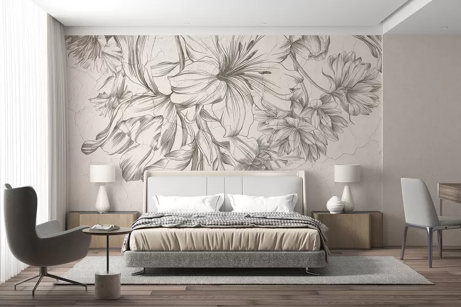murales de pared Un boceto en blanco y negro de una impresión gráfica de flores grandes.  w01253