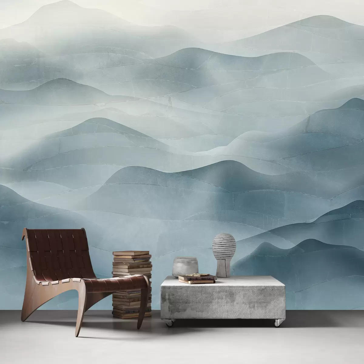 murales de pared Paisaje de montaña con colinas y niebla que crean una escena serena y atmosférica. w01254