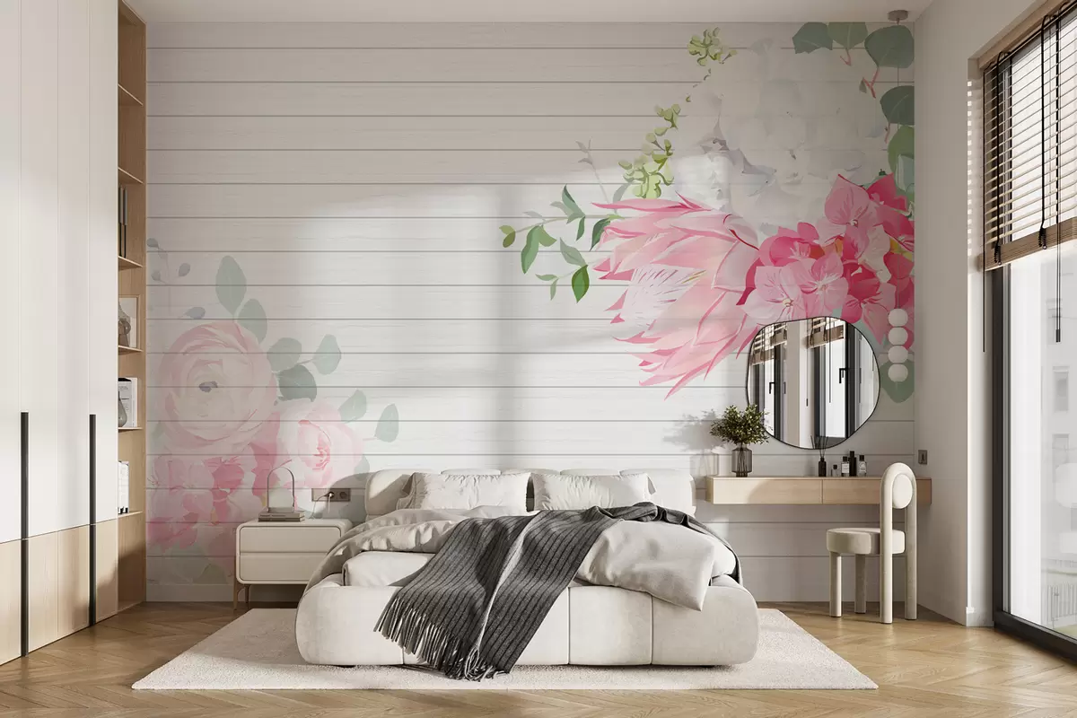 murales de pared flores brillantes sobre un fondo de paneles de madera blancos w01329