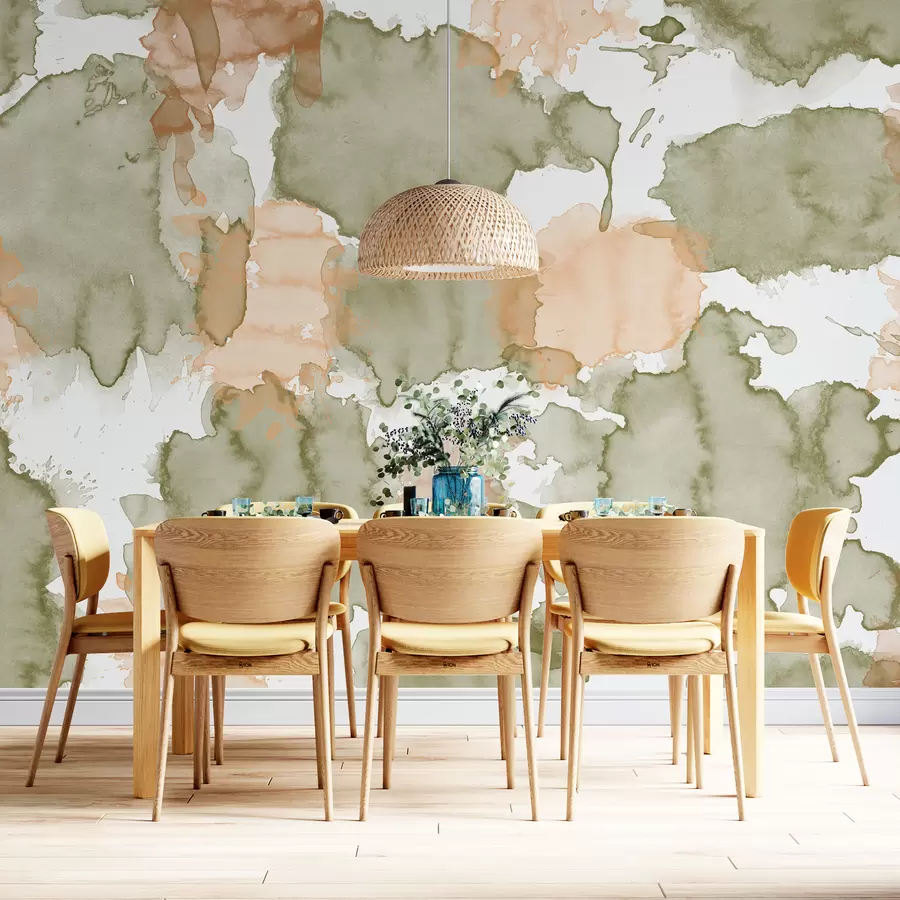 murales de pared Abstracción de acuarela, dibujo de patrones, colores verdes y beige naturales w01284v1