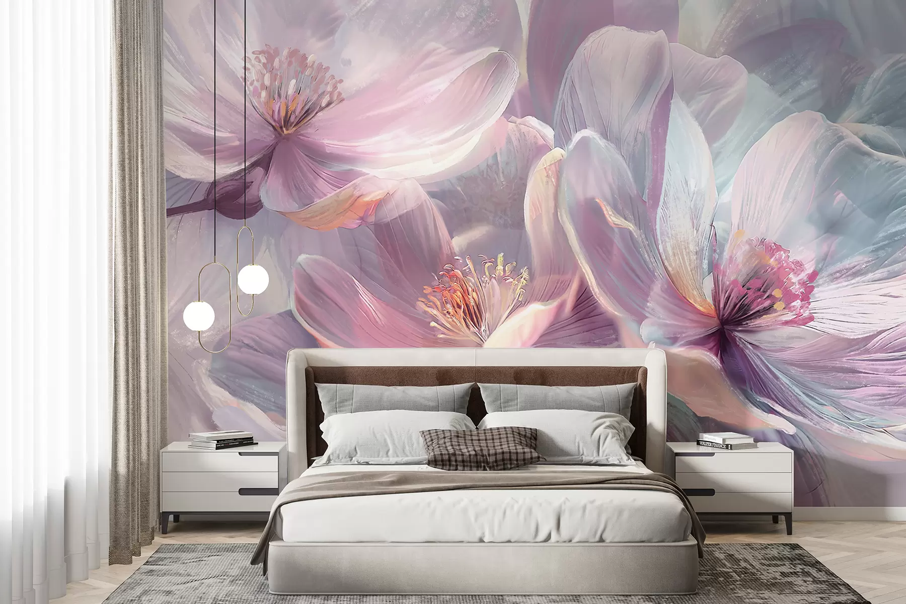 murales de pared Delicadas flores transparentes de neón pastel, rosa claro y blanco, con fondo suave y borroso w01307