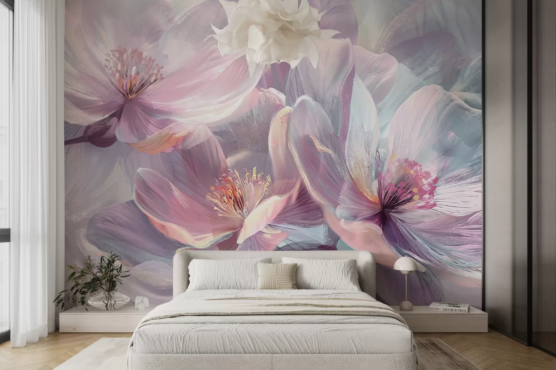 murales de pared Delicadas flores transparentes de neón pastel, rosa claro y blanco, con fondo suave y borroso w01307