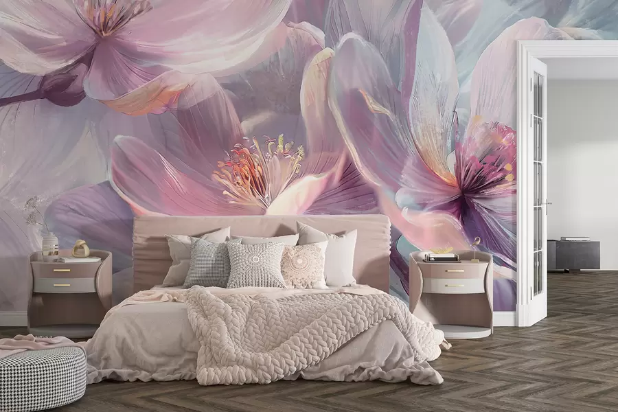 murales de pared Delicadas flores transparentes de neón pastel, rosa claro y blanco, con fondo suave y borroso w01307