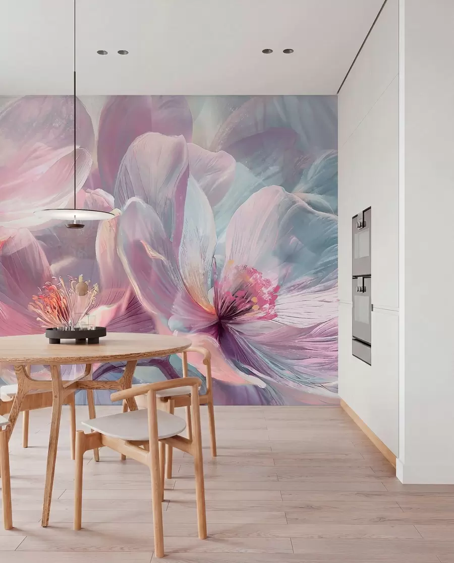 murales de pared Delicadas flores transparentes de neón pastel, rosa claro y blanco, con fondo suave y borroso w01307