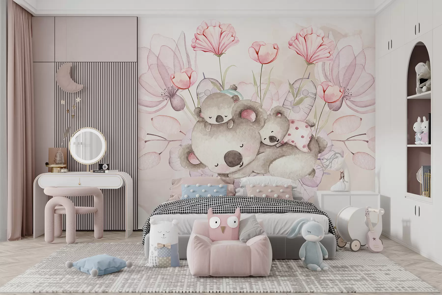 murales de pared Lindos osos koala rodeados de flores y hojas rosas sobre un fondo de acuarela claro w01315